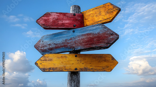 A Set of Colorful Wooden Road Signs Pointing in Different Directions in a Rural Landscape, Symbolizing Choices and Travel Paths
