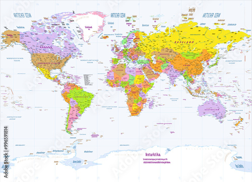 Political world map German language Miller projection