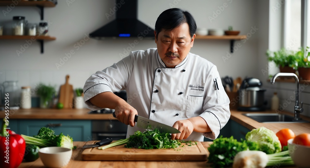 Focused middleaged Asian chef in a kitchen chopping vegetables with precision Focused middleaged Asian chef in a kitchen chopping vegetables with precision