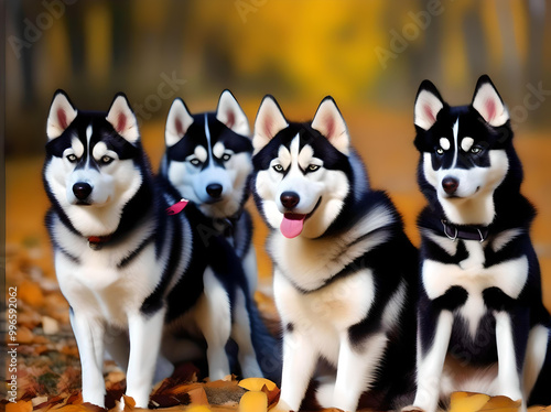 Three Siberian Huskies seated in vibrant leaves, displaying their unique markings and the beauty of nature around them. generated ai photo