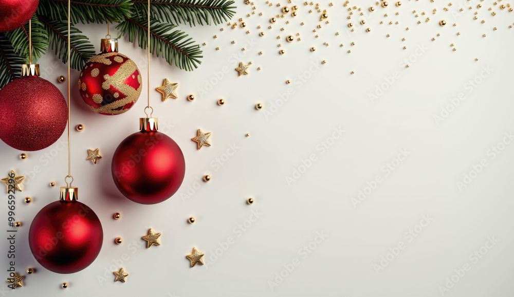 A Christmas background with red and gold ornaments, pine branches, and golden stars. A Christmas background with red and gold ornaments, pine branches, and golden stars.