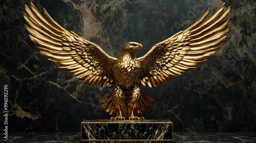 A majestic golden eagle statue with its wings fully spread, perched on a sleek marble base, set against a dark, luxurious background. The image exudes power, elegance, and grandeur.