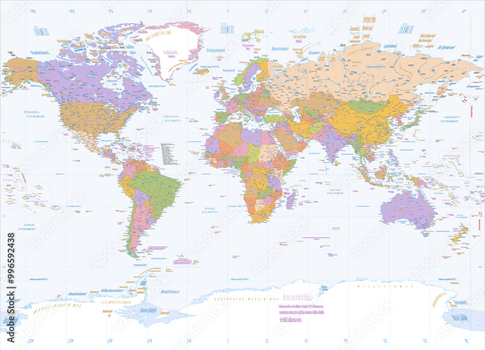 Fototapeta premium Political world map Finnish language Miller projection