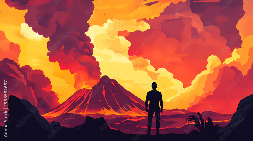 Fototapeta premium Silhouette of human standing in front of active vulcano with smoke, nature. Volcanic Eruption. Illustration