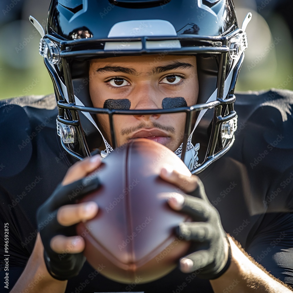 Intense Moment on the Field: Football Player Gripping Ball at Snap with Focused Expression Intense Moment on the Field: Football Player Gripping Ball at Snap with Focused Expression
