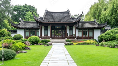 Traditional Chinese Garden Pavilion with Stone Path