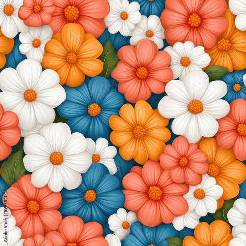 A vibrant floral pattern showcasing colorful blooms in shades of blue, orange, and white, perfect for spring-themed designs. photo