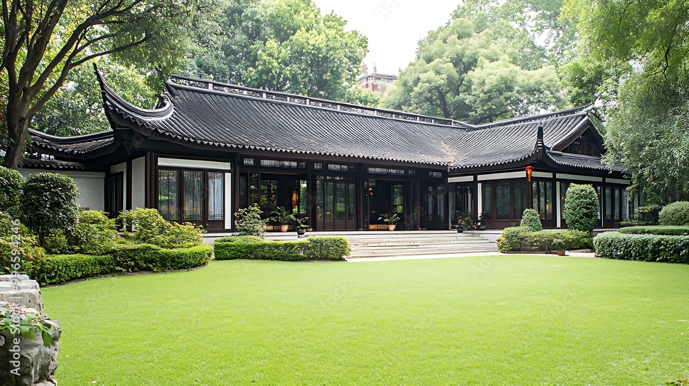 Traditional Chinese Architecture in a Lush Garden Traditional Chinese Architecture in a Lush Garden