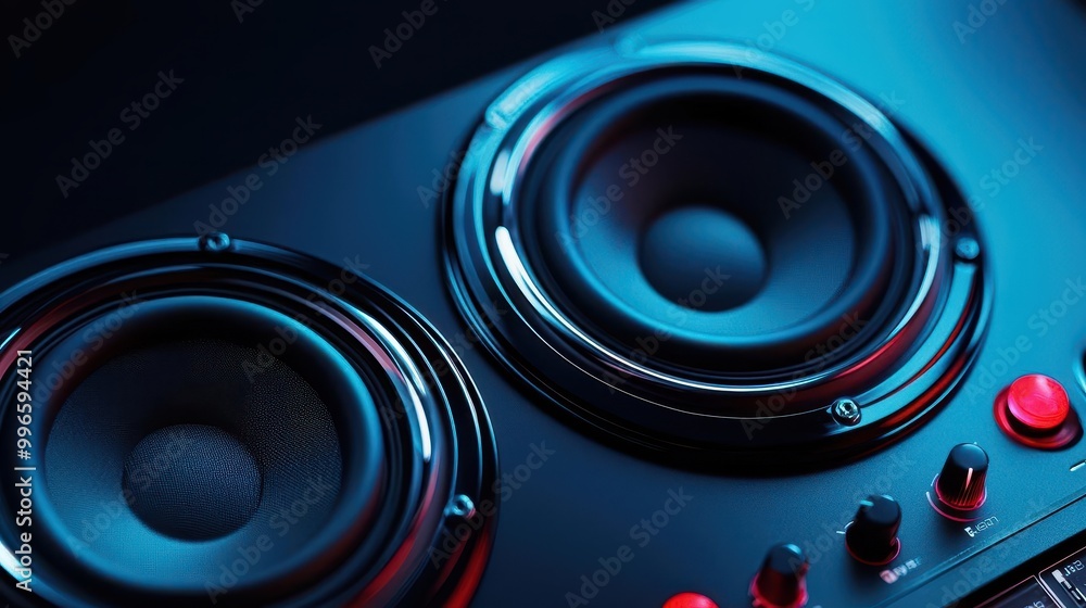 Wired speakers with control panel, bass and treble knobs highlighted Wired speakers with control panel, bass and treble knobs highlighted