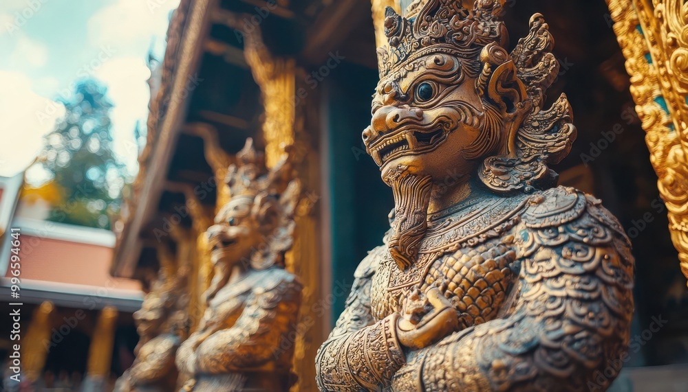 Closeup of a golden, ornate statue with a serene expression. Closeup of a golden, ornate statue with a serene expression.