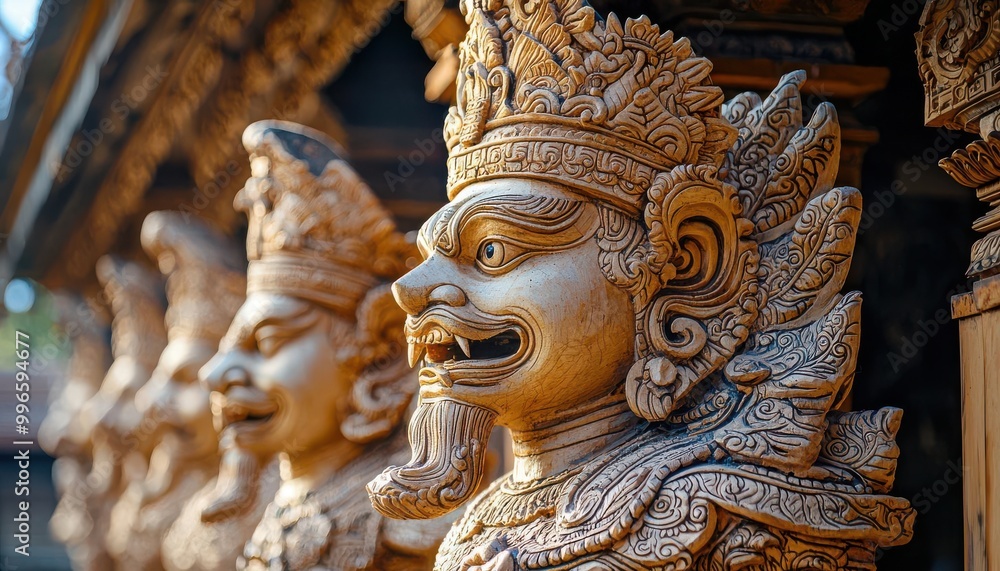 Closeup of a golden, ornate statue with a serene expression. Closeup of a golden, ornate statue with a serene expression.