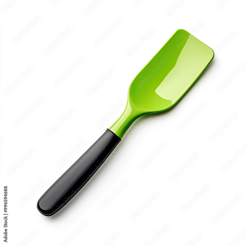 A vibrant green cooking spatula with a sleek black handle, perfect for flipping and serving food in style and comfort. A vibrant green cooking spatula with a sleek black handle, perfect for flipping and serving food in style and comfort.