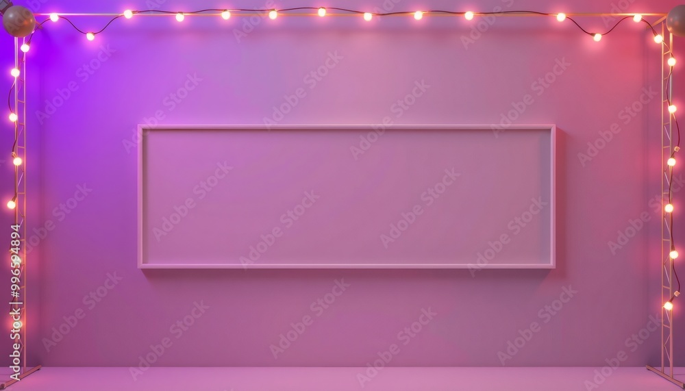 Blank white frame on pink wall with string lights. Blank white frame on pink wall with string lights.