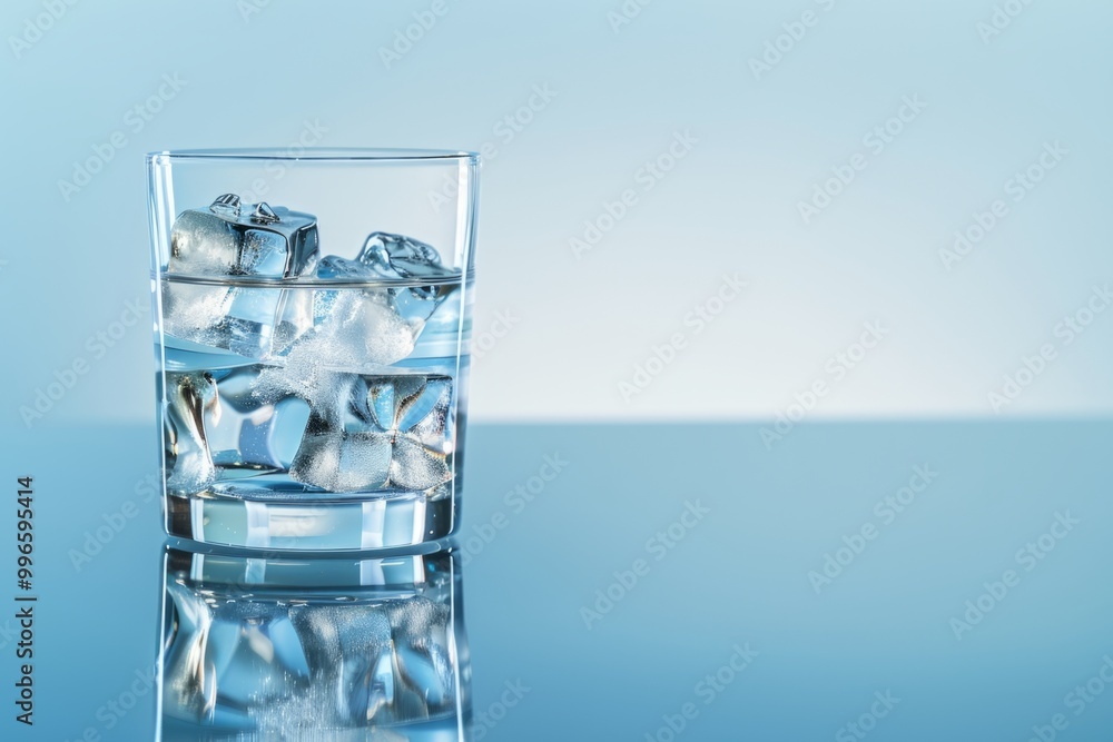 A clear glass filled with ice cubes and water sits on a reflective surface. The cool colors convey refreshing vibes and summer feelings. Perfect for beverage themes. Generative AI A clear glass filled with ice cubes and water sits on a reflective surface. The cool colors convey refreshing vibes and summer feelings. Perfect for beverage themes. Generative AI