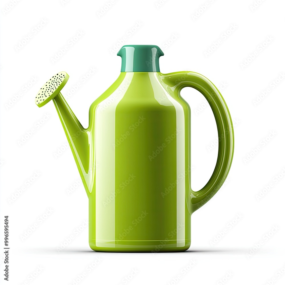 A vibrant green watering can, perfect for gardening and plant care, showcasing a sleek design and ergonomic handle. A vibrant green watering can, perfect for gardening and plant care, showcasing a sleek design and ergonomic handle.