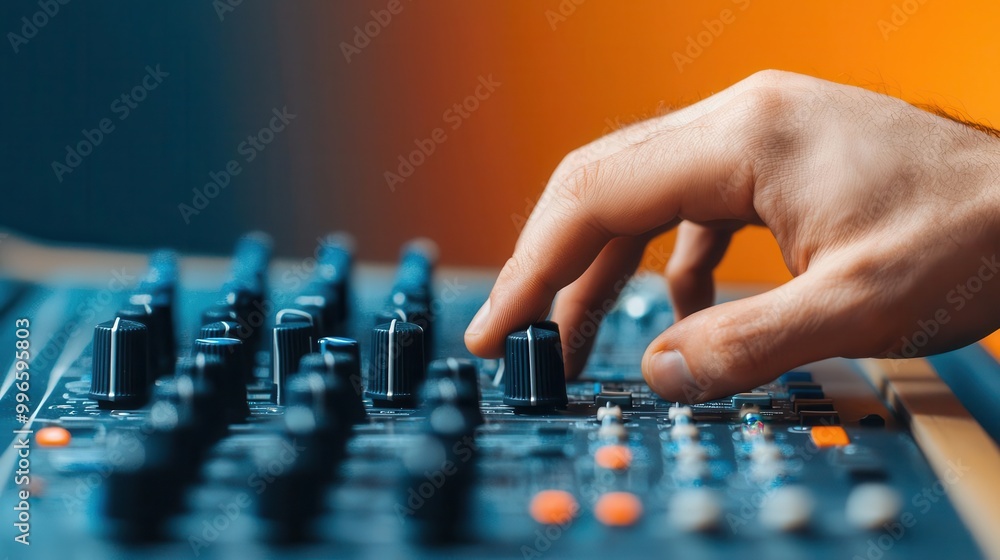Audio technician setting up wired equipment, soundboard and controls Audio technician setting up wired equipment, soundboard and controls