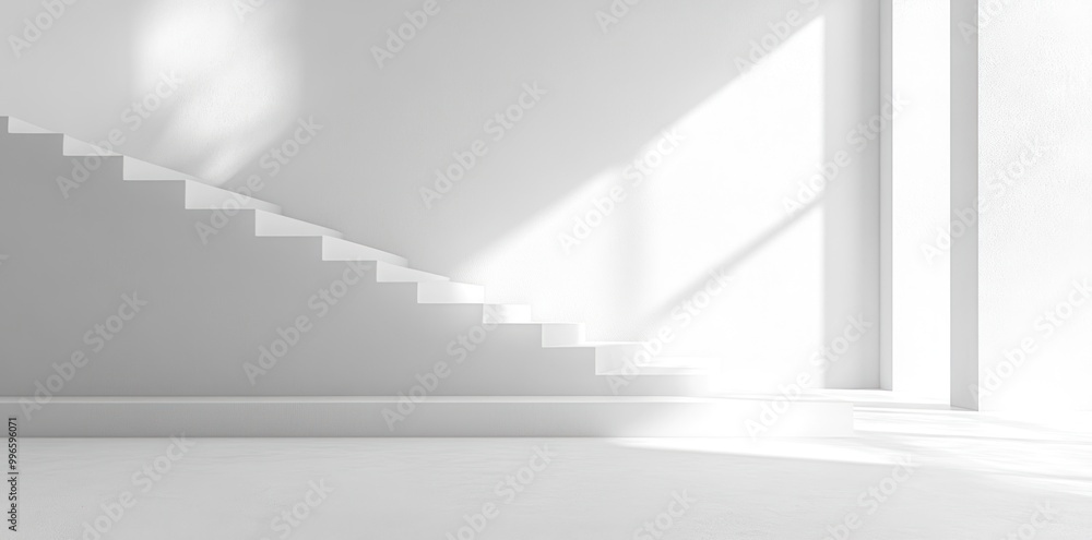 Fototapeta premium White Staircase and Platform in Minimalist Room with Window Light