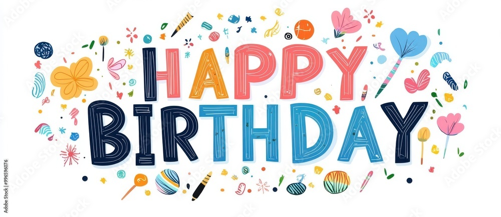 Colorful birthday design featuring 'Happy Birthday' text surrounded by festive elements, perfect for celebrations and invitations. Colorful birthday design featuring 'Happy Birthday' text surrounded by festive elements, perfect for celebrations and invitations.