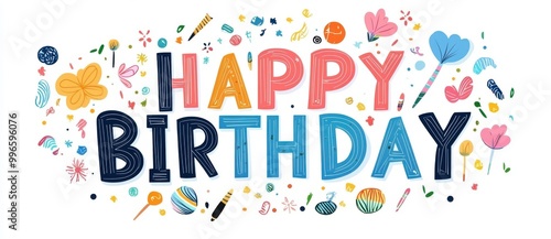 Colorful birthday design featuring 'Happy Birthday' text surrounded by festive elements, perfect for celebrations and invitations.