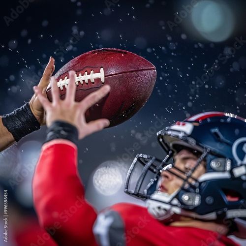 Intense Moment of Football Snap: Center to Quarterback with Frozen Ball in Mid-Air photo