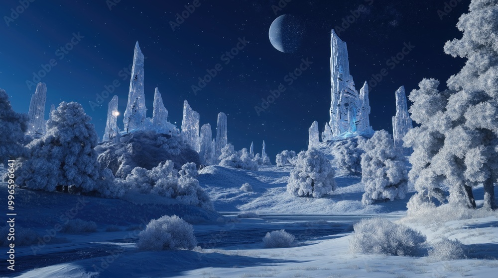 A stunning futuristic city covered in snow and ice, surrounded by crystal-like structures under a starry night sky. A stunning futuristic city covered in snow and ice, surrounded by crystal-like structures under a starry night sky.