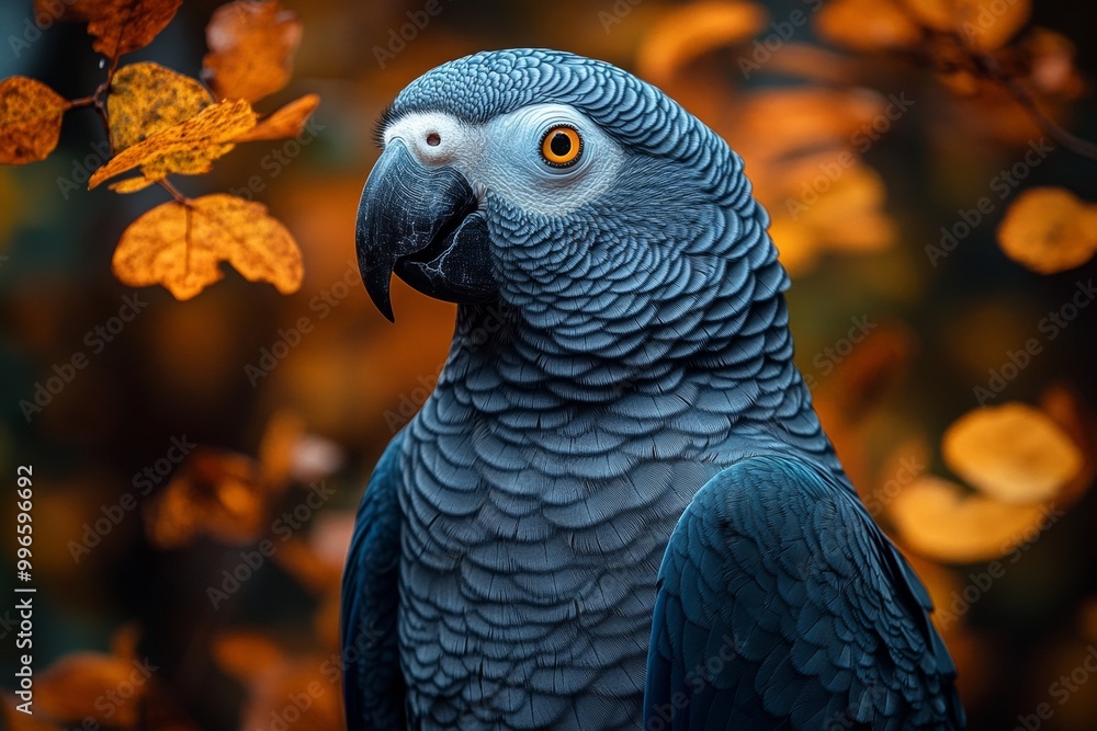 Fototapeta premium African Grey Parrot Amidst Vibrant Autumn Leaves in Natural Setting