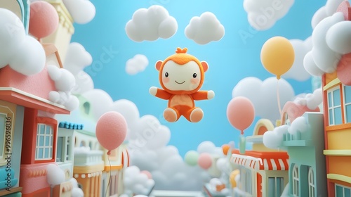 Adorable Sunwukong toy floating in the air over a street filled with cloud shops and wool felt balloons photo