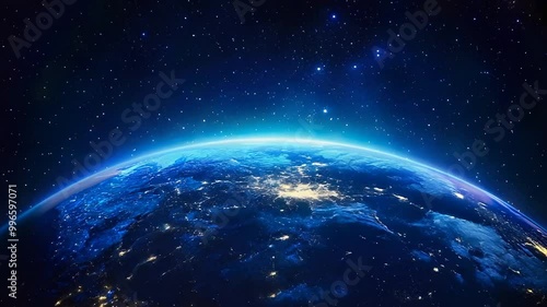 Stunning View of Earth from Space with Glowing City Lights and Atmosphere, Cosmic Landscape Capturing Planetary Beauty. photo