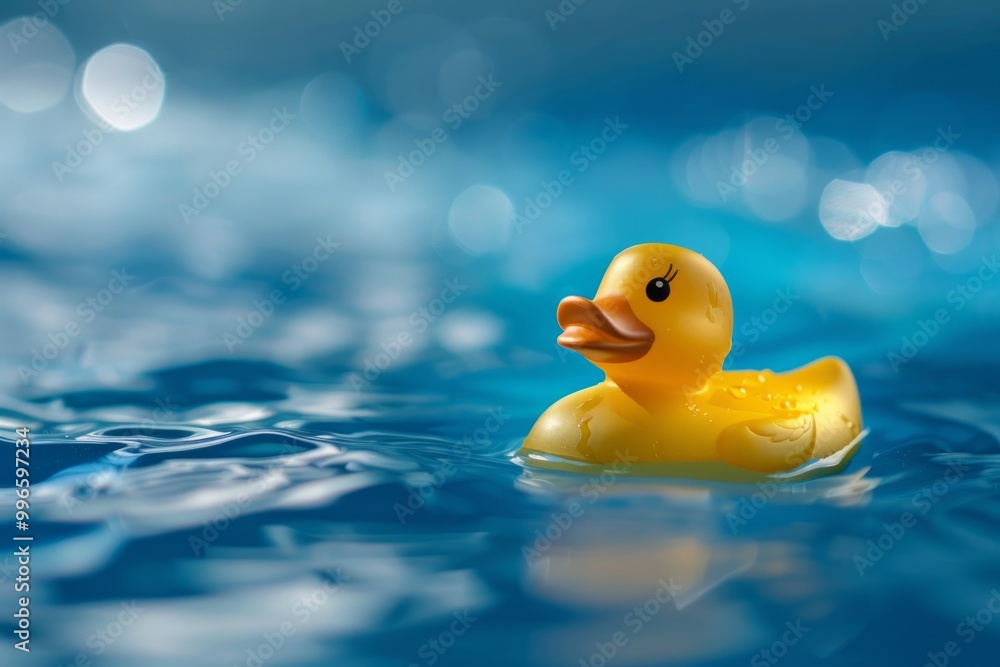 A cheerful yellow rubber duck floats on shimmering blue water. The image captures a playful scene with a focus on joy. Perfect for children or bath-related concepts. Generative AI A cheerful yellow rubber duck floats on shimmering blue water. The image captures a playful scene with a focus on joy. Perfect for children or bath-related concepts. Generative AI