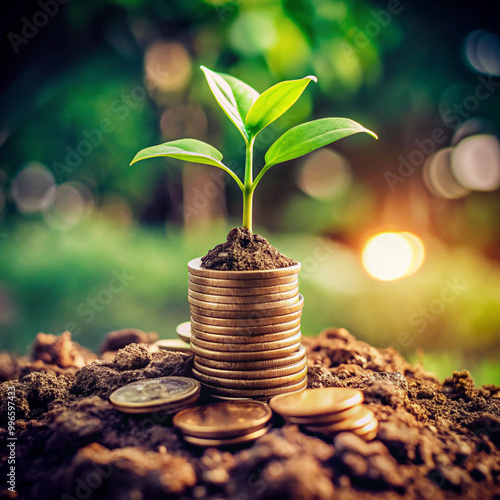 Financial growth a stack of coins with plant generative ai photo