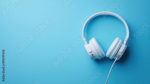 Close-up of wired headphones with music control buttons, minimal background photo