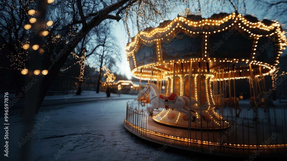 Fototapeta premium A detailed close-up of a beautifully lit winter carousel with festive lights.