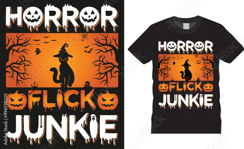 Horror flick junkie, Happy Halloween Ghost typography vector t-shirt design template