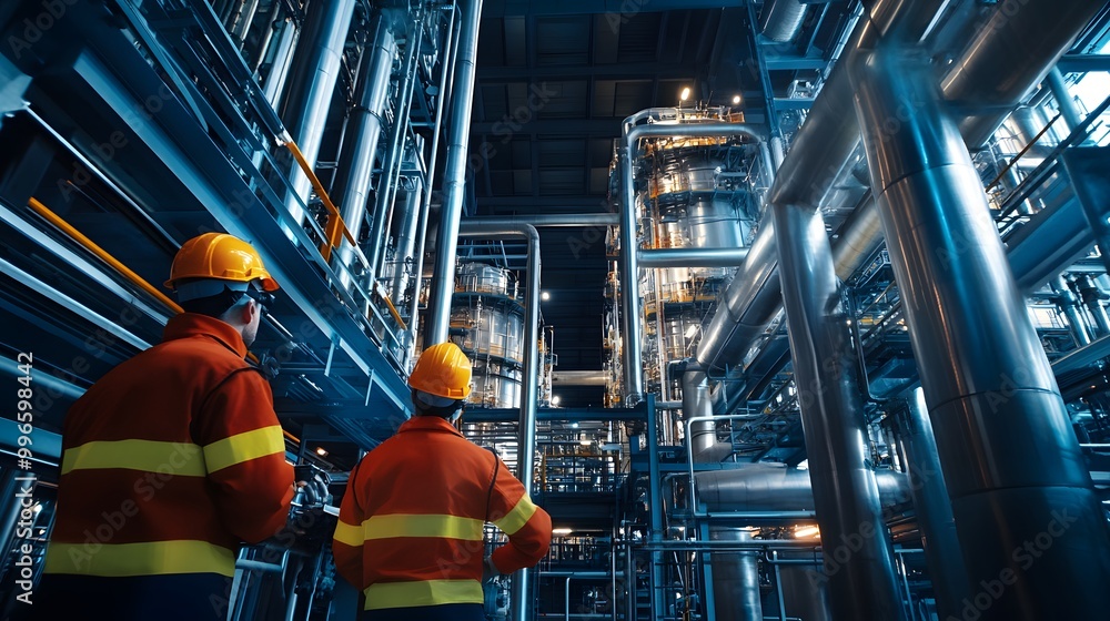 Workers in safety gear inspecting towering machinery in a state-of-the-art petrochemical plant. Workers in safety gear inspecting towering machinery in a state-of-the-art petrochemical plant.