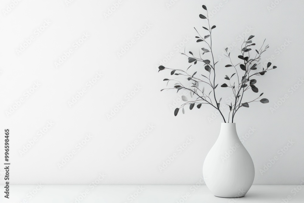 White Vase with Sprig of Black Leaves Against a White Wall White Vase with Sprig of Black Leaves Against a White Wall