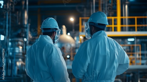 Engineers in full protective clothing monitoring automated systems in a futuristic petrochemical production facility.