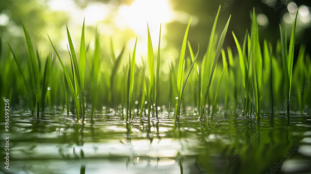 Obraz premium Fresh Green Rice Seedlings Growing in Water at Sunrise