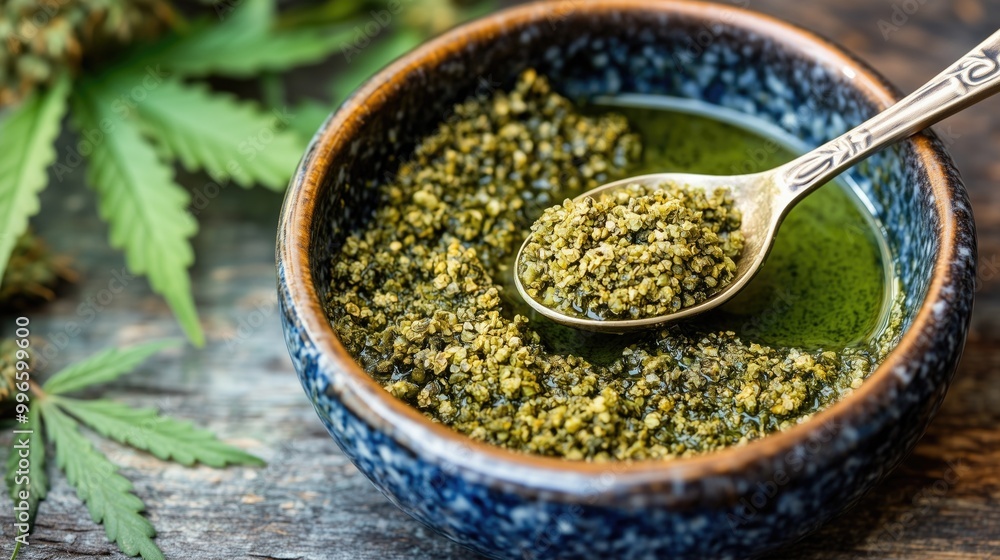 A person putting a spoonful of matcha tea or cannabis leaves into a mug on a wooden surface A person putting a spoonful of matcha tea or cannabis leaves into a mug on a wooden surface