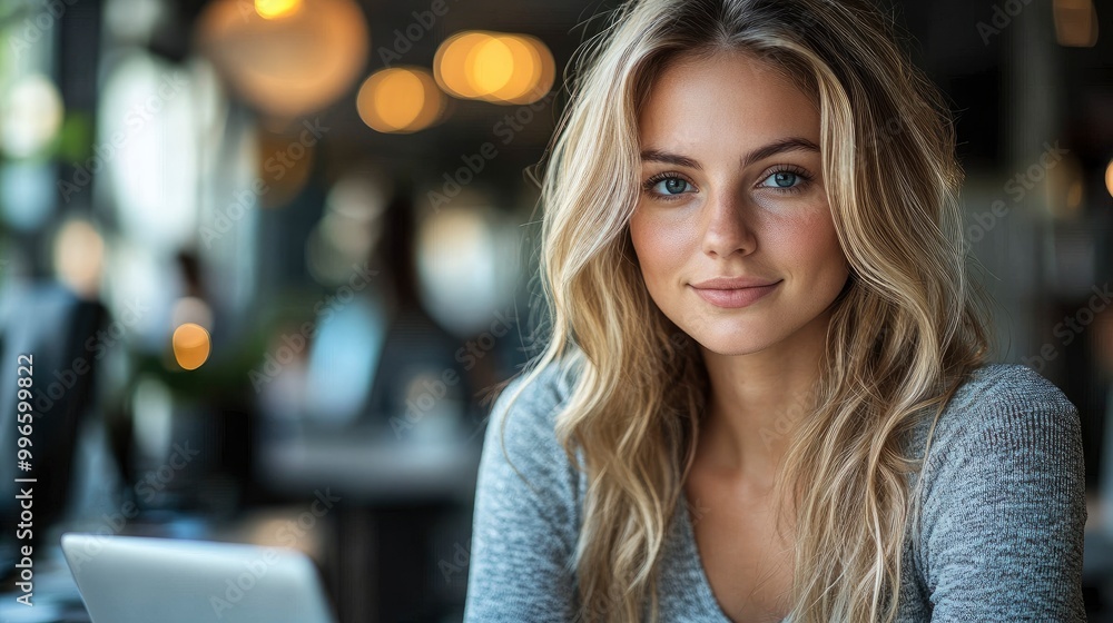 Obraz premium Beautiful Woman Sitting in Cafe with Laptop