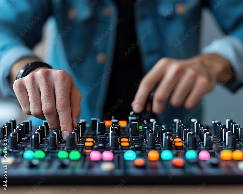 Man adjusting controls on a wired music mixer, focus on buttons and knobs Man adjusting controls on a wired music mixer, focus on buttons and knobs