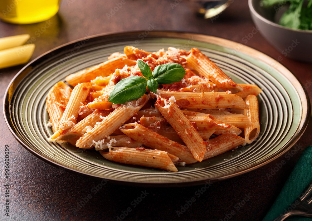 a plate of Penne Alla Vodka. pasta dish of penne in a tomato and cream sauce with a small amount of vodka. a plate of Penne Alla Vodka. pasta dish of penne in a tomato and cream sauce with a small amount of vodka.