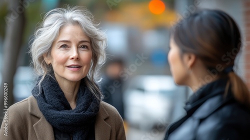 Mature woman with grey hair smiling while talking to friend