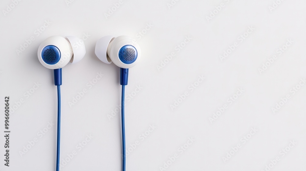 Classic wired earbuds with inline controls, minimalist white background Classic wired earbuds with inline controls, minimalist white background