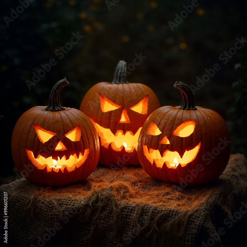 Three carved pumpkins with glowing jack-o'-lantern faces, each with unique expressions: a smiling face, a mischievous smirk, and a scary grimace, set against a stark white background, highlighting the