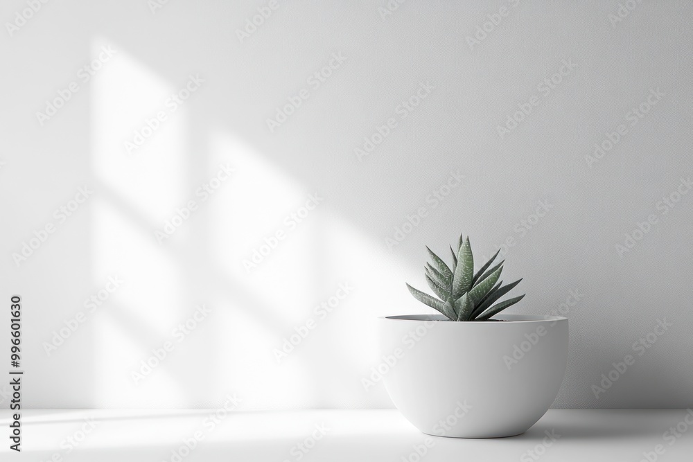 A potted succulent plant in a white pot against a white wall with sunlight streaming through a window A potted succulent plant in a white pot against a white wall with sunlight streaming through a window