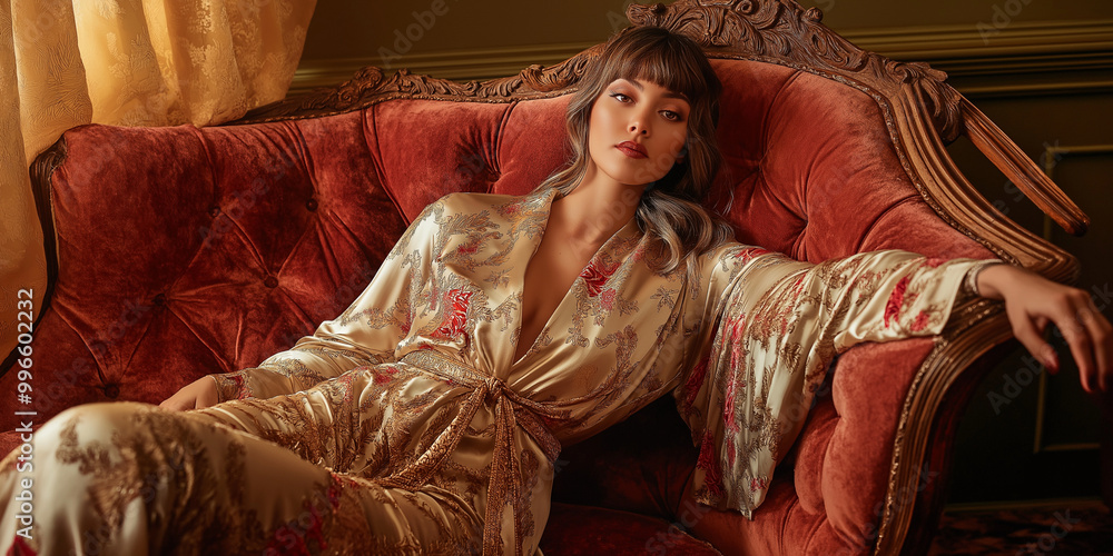 Obraz premium Model in Silk Robe on Chaise Longue