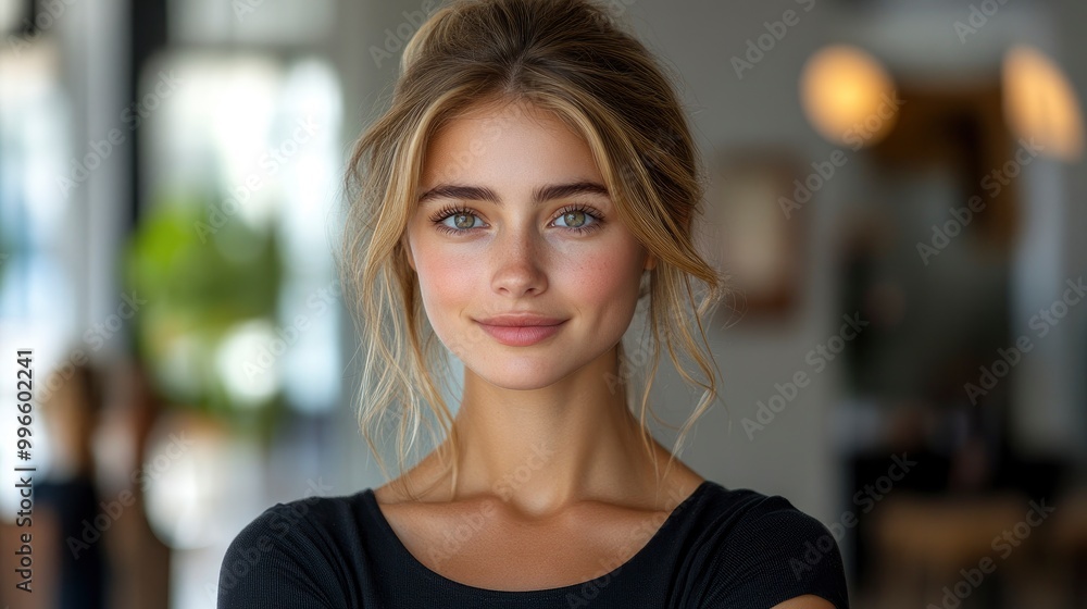 Portrait of a Beautiful Woman with Blonde Hair and Green Eyes