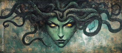 Artwork depicting Medusa with serpentine hair known for the legend that looking into her eyes can petrify beholders