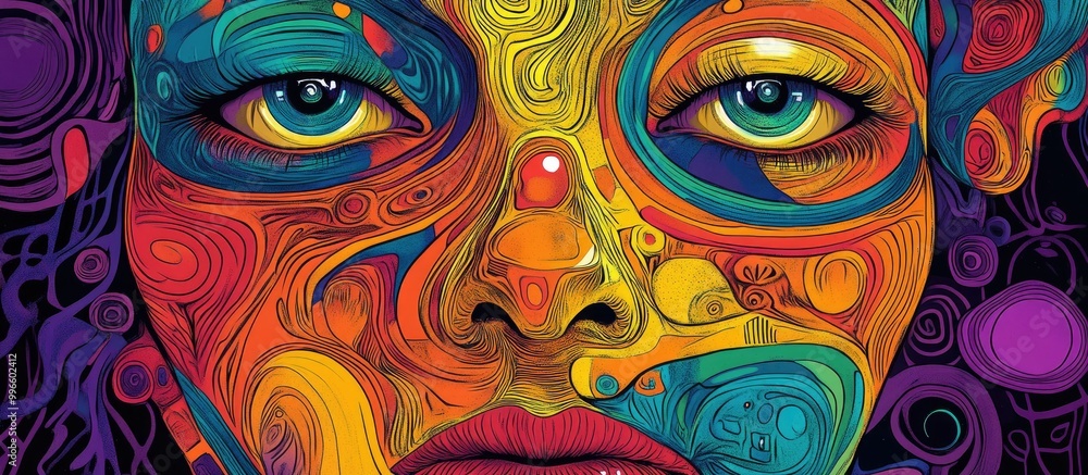 Surreal face design in 2d format featuring vibrant colors and intricate line art Surreal face design in 2d format featuring vibrant colors and intricate line art
