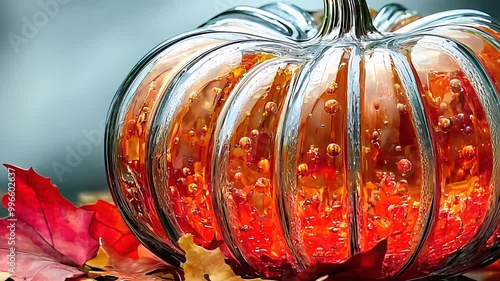 Glass Pumpkin Decoration with Autumn Leaves, Elegant Seasonal Ornament Featuring Vibrant Fall Colors and Detailed Craftsmanship. photo